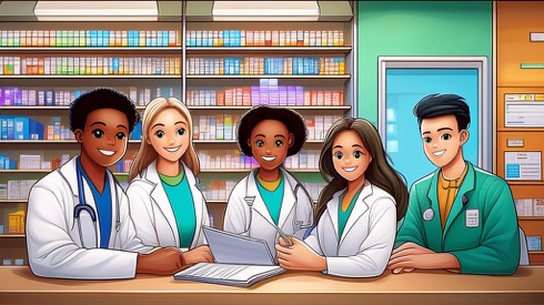 Pharmacy stueents standing behind a counter.